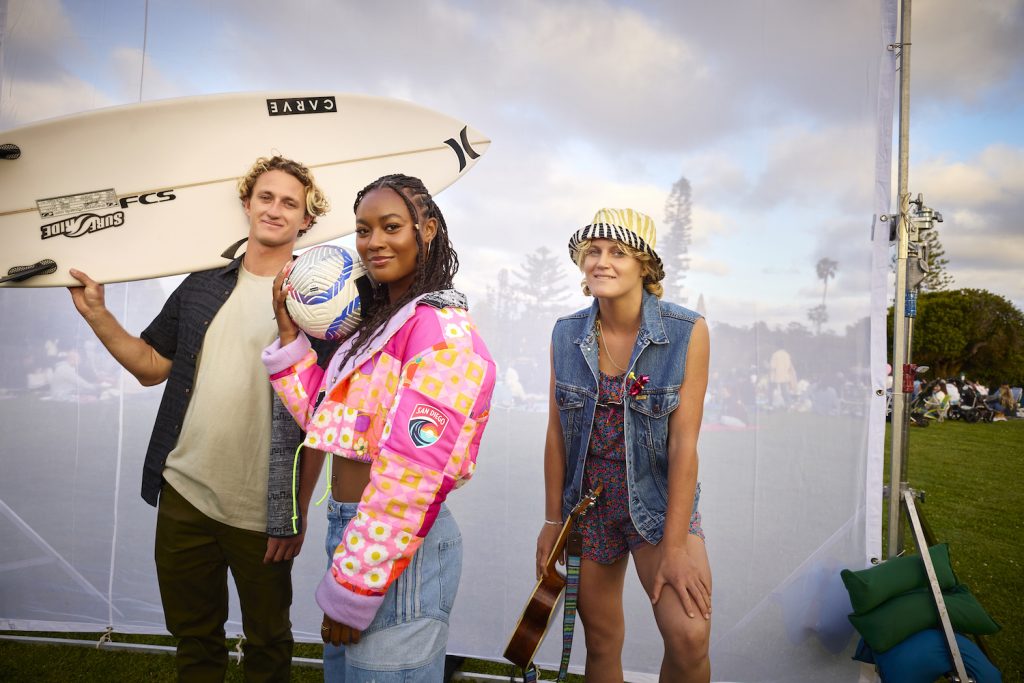 Young San Diego athletes Bryce Wettstein (olympic skateboarder, Jake Marshall (WSL pro surfer), and Jaedyn Shaw (olympic soccer player) at Balboa Park